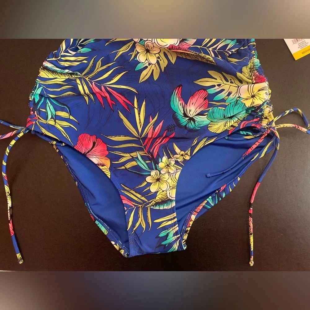 NWT Loft Women's Shirred Side Tie One-Piece Swimsuit Blue Tropical Size Medium - Picture 10 of 14